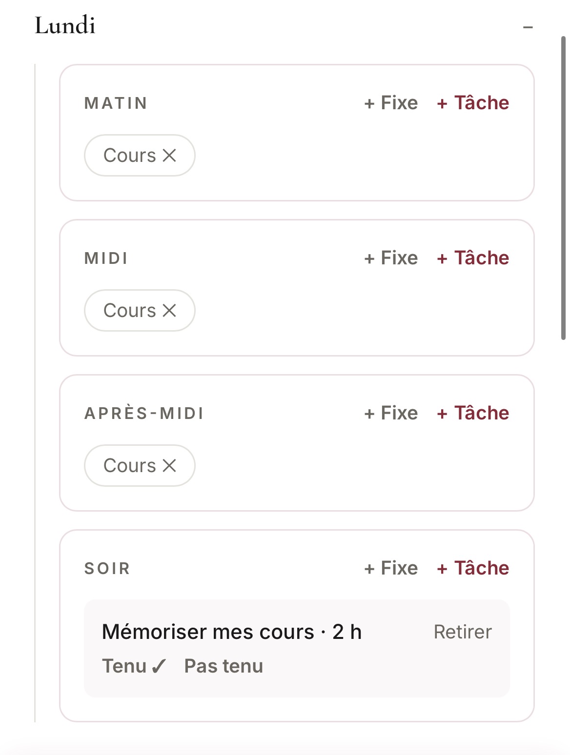 Exemple de grille hebdomadaire avec blocs fixes dans Mon Système